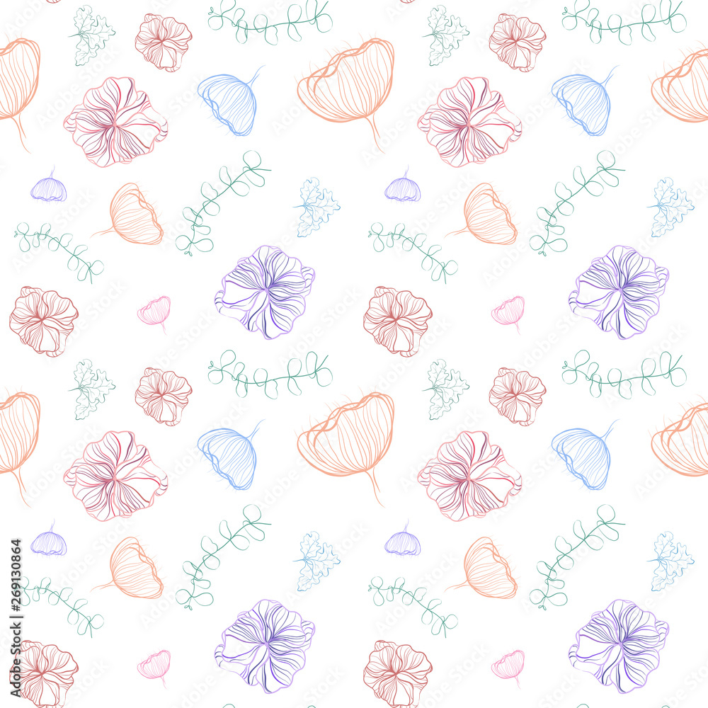 Seamless cute multicolored pattern with flowers of tulip, lily and leaves. White background. Line drawing, graphics Seamless cute multicolored pattern with flowers of tulip, lily and leaves. White background. Line drawing, graphics