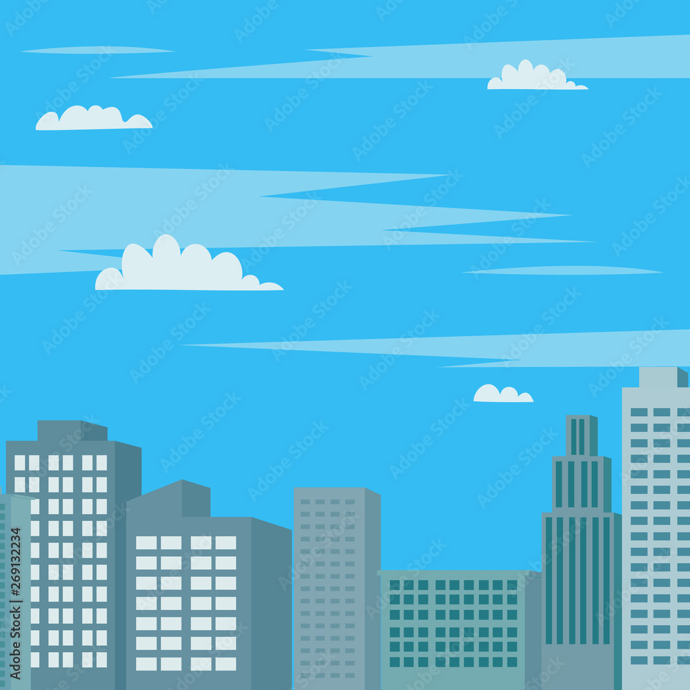 Skyscape with towers scene vector illustration.Modern business buildings and sky background.Cityscape design and beautiful summer sky