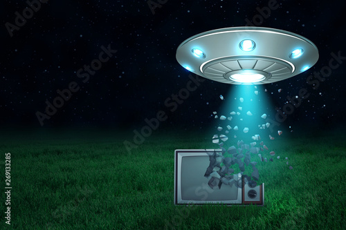 3d rendering of UFO in air at night with light coming out of its open hatch onto old TV set starting to dissolve into particles on green lawn.