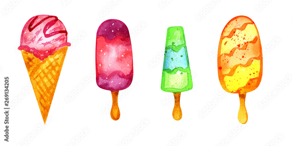 Ice cream on a white background. A set of watercolor ice cream. Ice cream on a white background. A set of watercolor ice cream.
