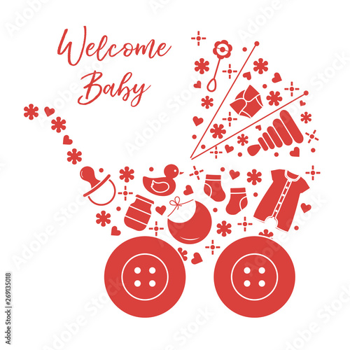 Newborn baby vector illustration. Baby stroller