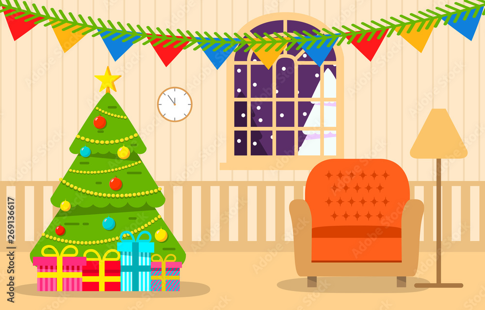 Christmas tree living room with gifts.Happy new year. Holiday scene winter Greeting card concept.Festive card.Gold garland and lights ball.Evergreen pine.Apartment full.Flat vector.
