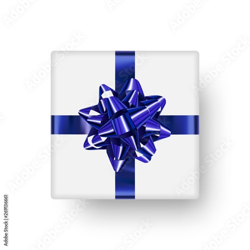 Gift box with bright, shiny bow in the shape of star and realistic shadow, ready clipart-object for decorating banner, card, ad posters and more.