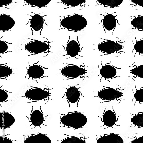 Black silhouette beetles on a white background. A seamless vector repeat of bugs in rows.