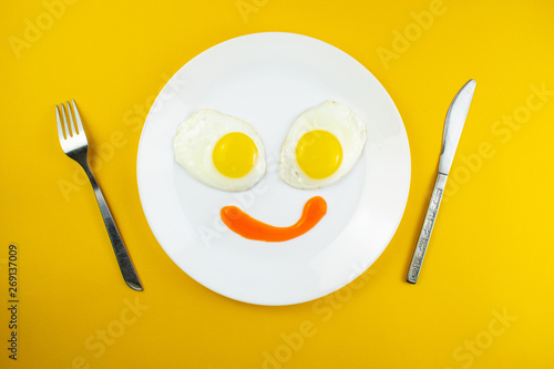 traditional breakfast of two fried eggs. Fun face from food. Plate with eggs on a yellow background. Concept image of breakfast, healthy eating.