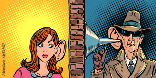 woman and spy listening to each other