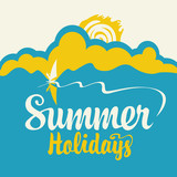 Vector banner with calligraphic inscription Summer Holidays. Summer travel poster or logo with sea, sun and surfer