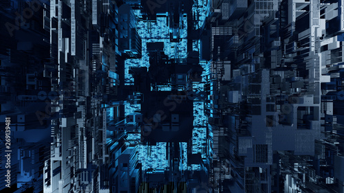 Printed circuit board futuristic server/Circuit board futuristic server code processing. Blue technology background with bokeh