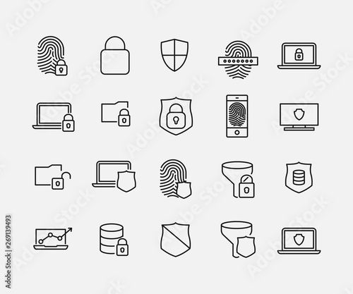 Simple collection of security computer related line icons.