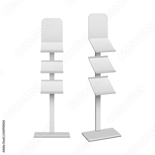 Blank Empty Show Box Holder For Fliers, LeafletsRetail. Shelves Floor Display Rack For Supermarket, Bank. Mock Up. 3D On White Background Isolated. Ready For Your Design. Product Advertising. Vector