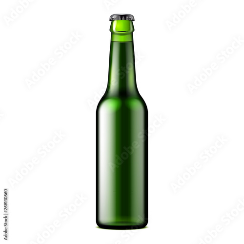 Glass Dark Green Beer, Ale, Cider Bottle. Carbonated Soft Drink. Mock Up Template. Illustration Isolated On White Background. Ready For Your Design. Product Packaging. Vector EPS10