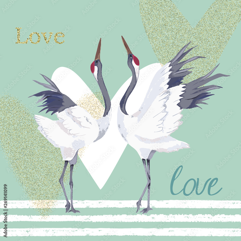 Fototapeta premium Karta walentynkowa z kilkoma żurawiami i złotymi brokatowymi sercami. Do ulotek, banerów, plakatów. Ilustracji wektorowych. Styl akwareli