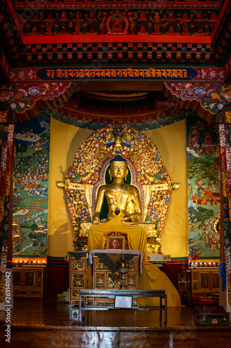 Buddha statue in temple in Tibetan art center in Norbulinka Institute Dharamsala photo