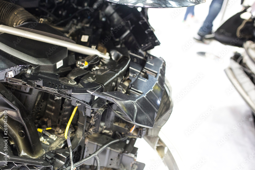 Fototapeta premium Car crash aftermath. accident crashed car part