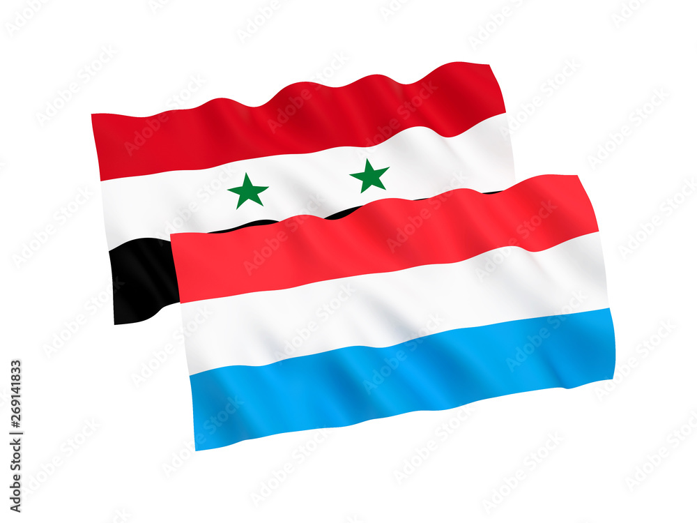 National fabric flags of Luxembourg and Syria isolated on white background. 3d rendering illustration. 1 to 2 proportion. National fabric flags of Luxembourg and Syria isolated on white background. 3d rendering illustration. 1 to 2 proportion.