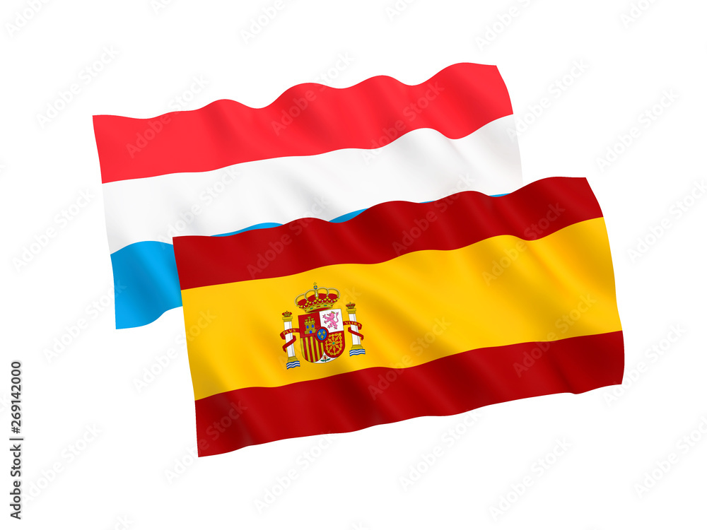 National fabric flags of Luxembourg and Spain isolated on white background. 3d rendering illustration. 1 to 2 proportion. National fabric flags of Luxembourg and Spain isolated on white background. 3d rendering illustration. 1 to 2 proportion.
