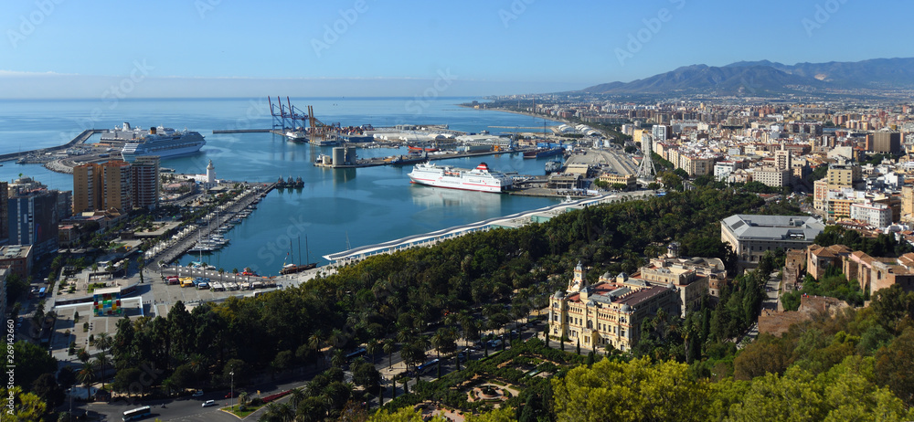 Panorama of the dock with cruise liners  and  town  Malaga in Andalucia Spain.