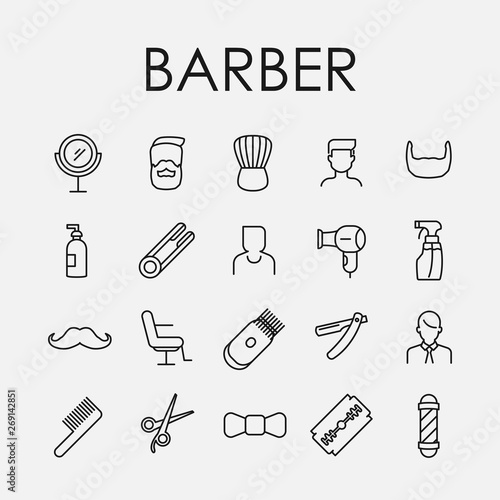 Barber related vector icon set.