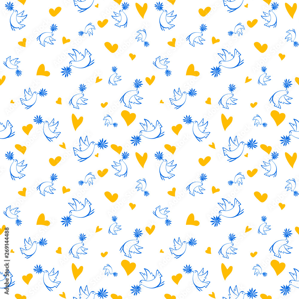 Vector seamless pattern with birds and flowers.