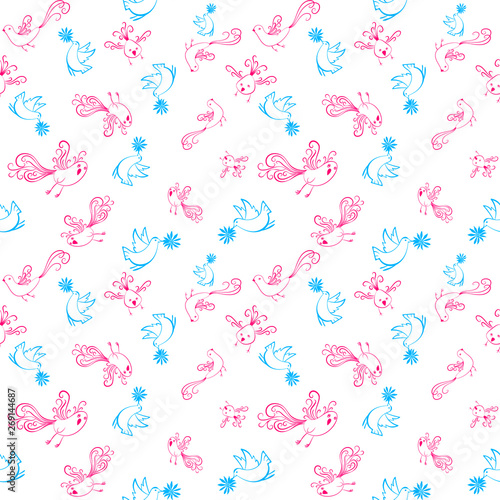 Vector seamless pattern with birds and flowers.