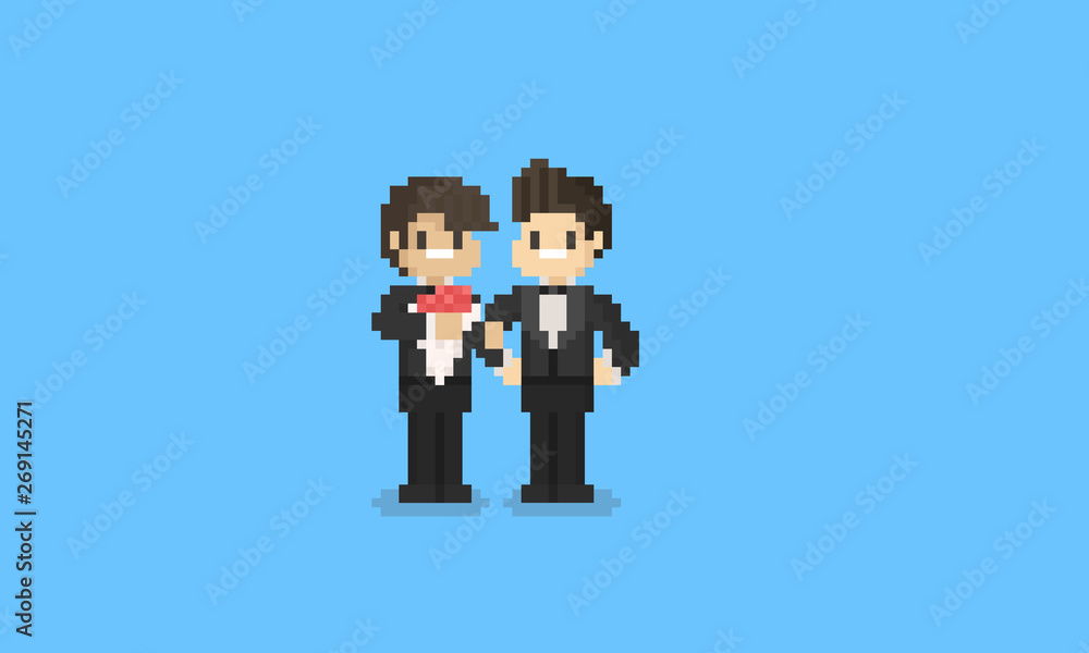 Pixel lgbt couple in groom uniform.8bit pride day character.