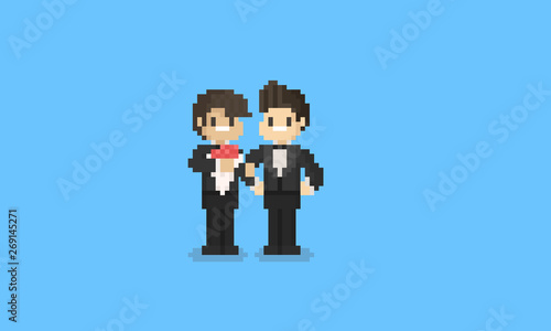 Pixel lgbt couple in groom uniform.8bit pride day character.