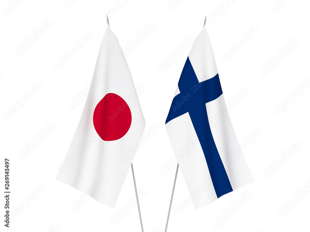 National fabric flags of Finland and Japan isolated on white background. 3d rendering illustration. National fabric flags of Finland and Japan isolated on white background. 3d rendering illustration.