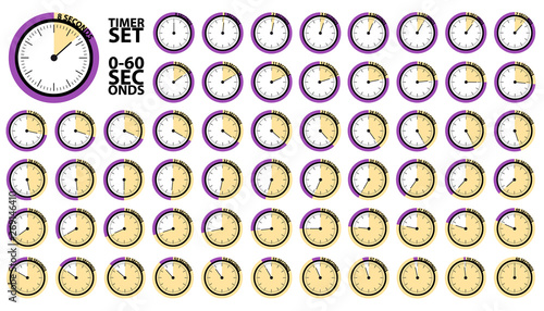 Clock Timer 0 To 60 Seconds Collection - Vector Illustration - Isolated On White Background