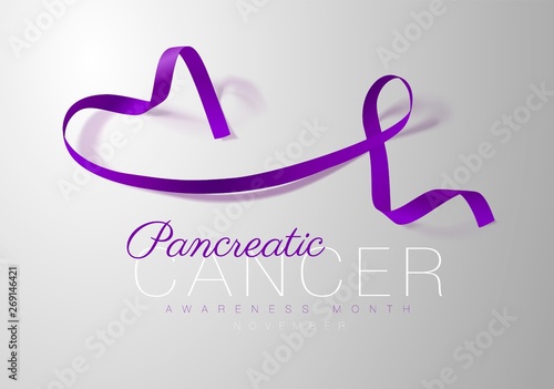 Pancreatic Cancer Awareness Calligraphy Poster Design. Realistic Purple Ribbon. November is Cancer Awareness Month. Vector Illustration