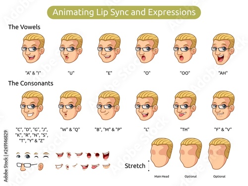 Man with blonde hair cartoon character design for animating lip sync and expressions, vector illustration.