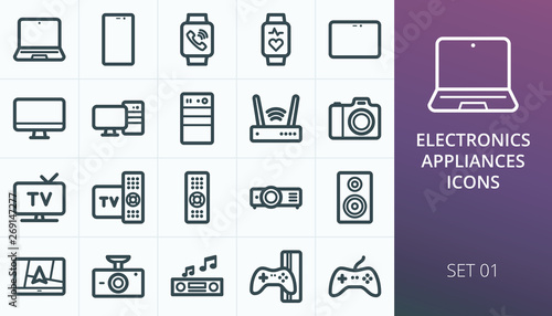 Electronics and appliances icons set. Set of laptop, smart watch, fitness bracelet, smartphone, tablet, monitor, tv box, camera, dvr, game console, gps navigator, video projector, adsl modem icons