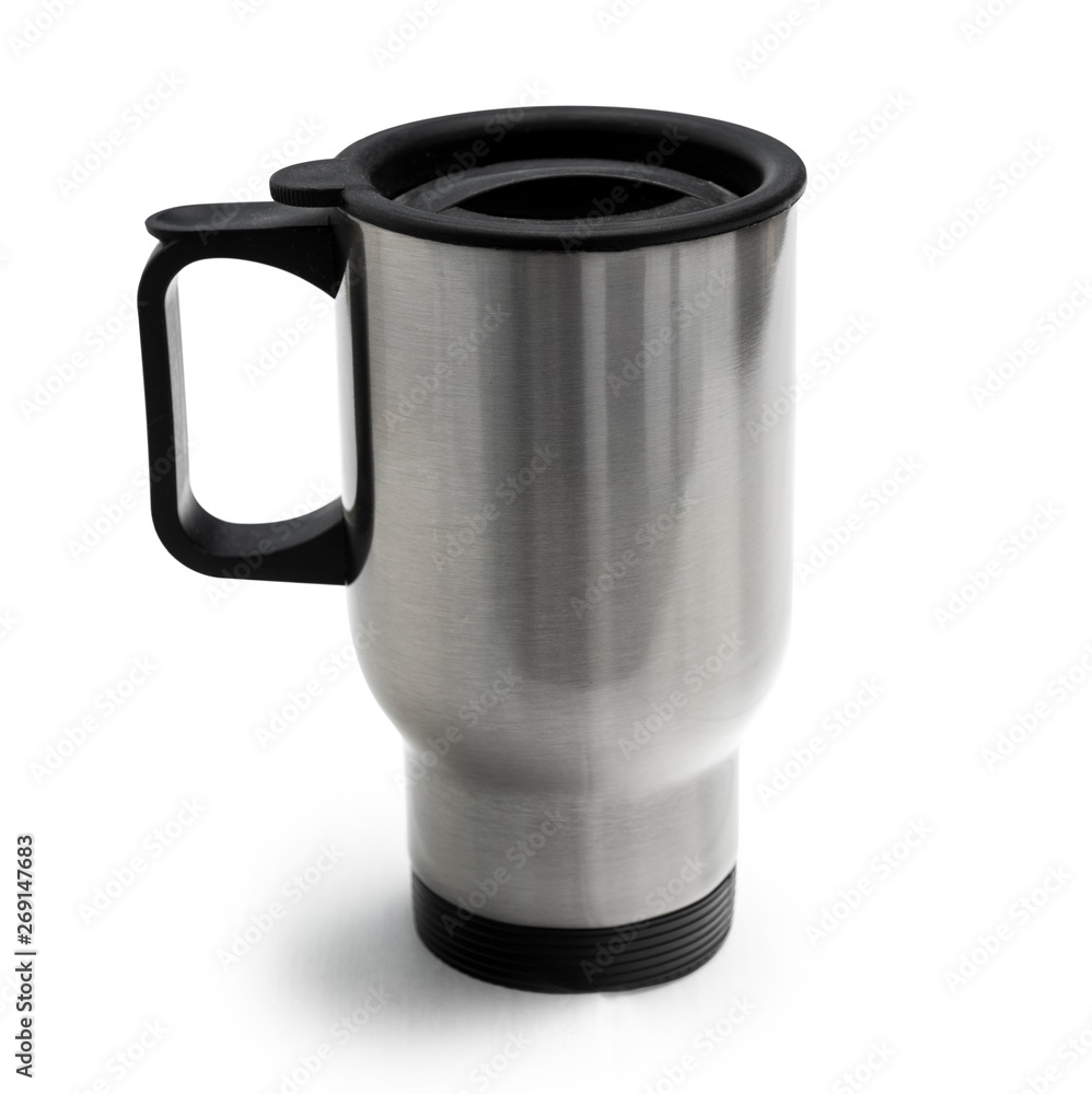 metallic thermocup with black c handle isolated on a white background metallic thermocup with black c handle isolated on a white background
