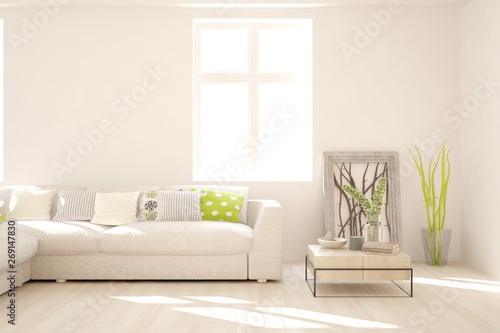 Stylish room in white color with sofa. Scandinavian interior design. 3D illustration