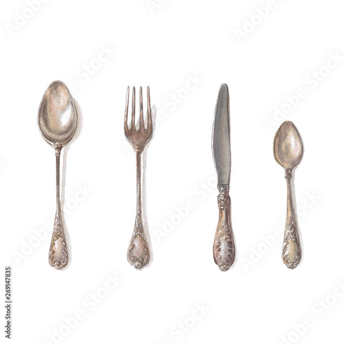 Silverware: spoons, knife, fork for serving the table in vintage style. Watercolor illustration, objects isolated on white.