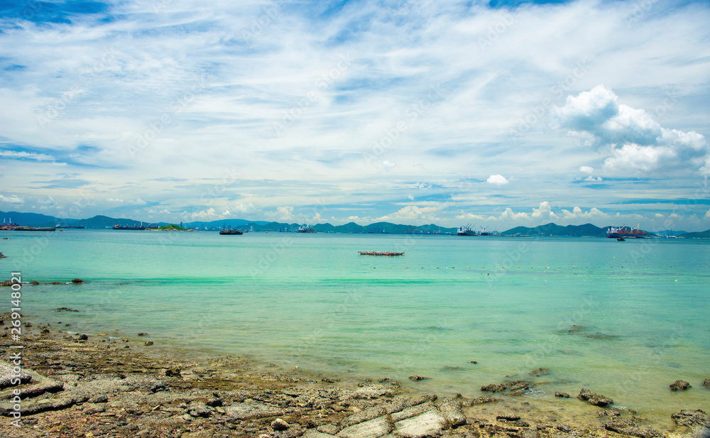 Obraz premium Wave & Sand beach background from Si Chang island Chonburi Thailand , holiday or relax in summer concept.