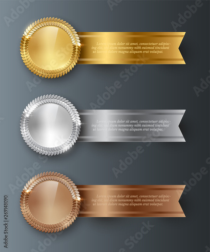 Vector gold, silver, bronze blank medals and horizontal ribbons with text space isolated on gray background.