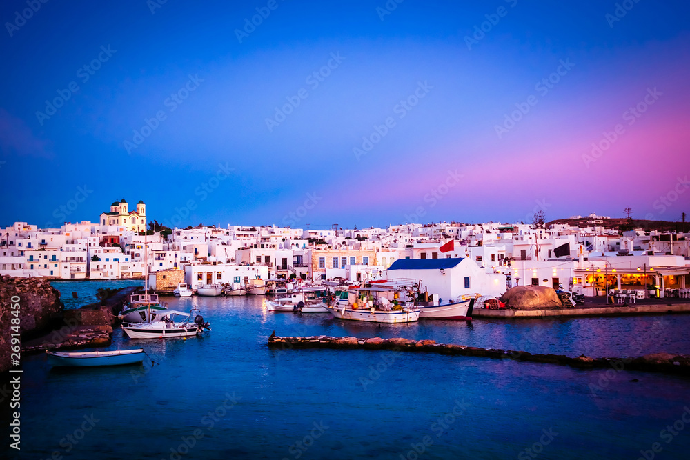 Beautiful evening architecture and berth view of greek island Paros