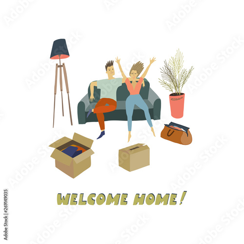 Man and woman sitting on the sofa . Cardboard boxes and valise on the floor Removal into a house