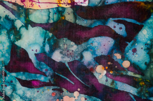 Colorful abstraction, fragment, hot batik, handmade abstract surrealism art on silk, background texture