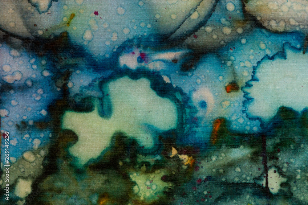 Naklejka premium Colorful abstraction, fragment, hot batik, handmade abstract surrealism art on silk, background texture