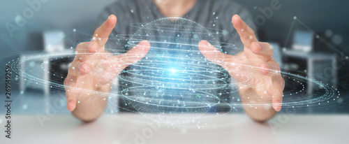 Businessman using digital sphere connection hologram 3D rendering