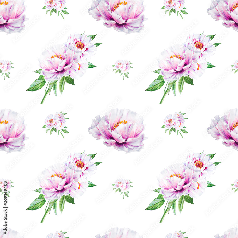 Beautiful white peony seamless pattern. Bouquet of flowers. Floral texture. Marker drawing. Watercolor painting. Wedding and birthday composition.  Flower painted background. Hand drawn illustration.