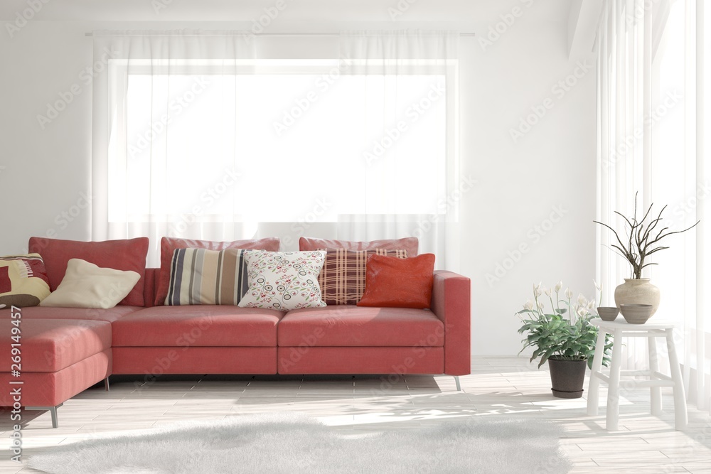 Stylish room in white color with sofa. Scandinavian interior design. 3D illustration Stylish room in white color with sofa. Scandinavian interior design. 3D illustration