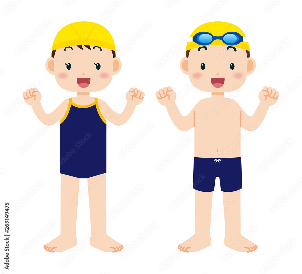 水着で準備体操をする子どもたち 水着で準備体操をする子どもたち