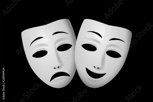 Comedy and Tragedy theatrical mask isolated on black background. Vector illustration. photo