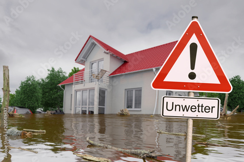 3d Illustation - Schild - Unwetter - Hochwasser - Überschwemmung - Haus photo