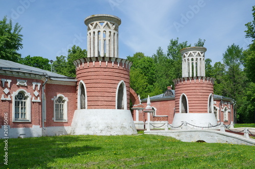 Photography Moscow, Russia - may 20, 2019: Front entrance gate with guard towers of Vorontso