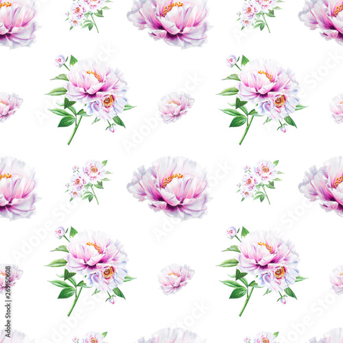 Beautiful white peony seamless pattern. Bouquet of flowers. Floral texture. Marker drawing. Watercolor painting. Wedding and birthday composition.  Flower painted background. Hand drawn illustration.
