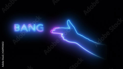 Neonlight bluecolored Hand shoots three times with the word Bang. loopable (on Alpha) 4K photo