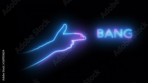 Neonlight bluecolored Hand shoots three times with the word Bang. (on Alpha) 4K photo